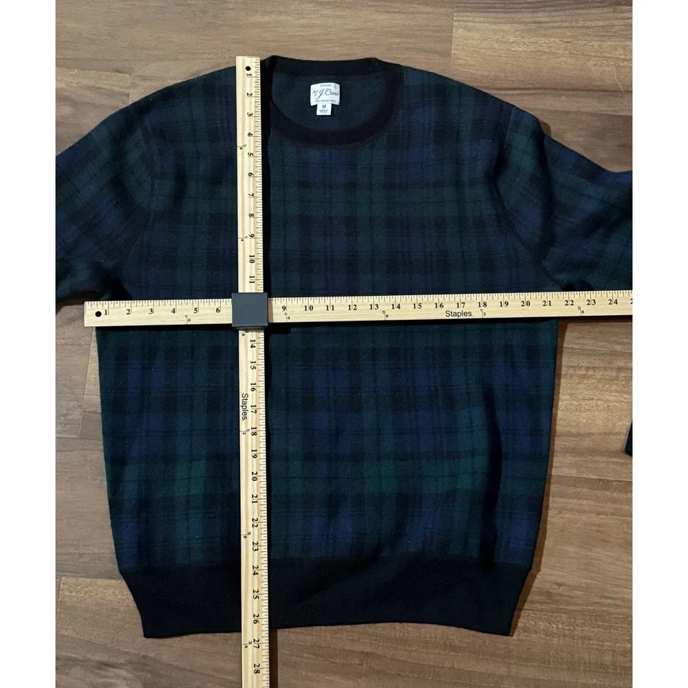 J. Crew Mens Sz M Merino Wool Black Watch Plaid Sweater Elbow Patches Blue Green
